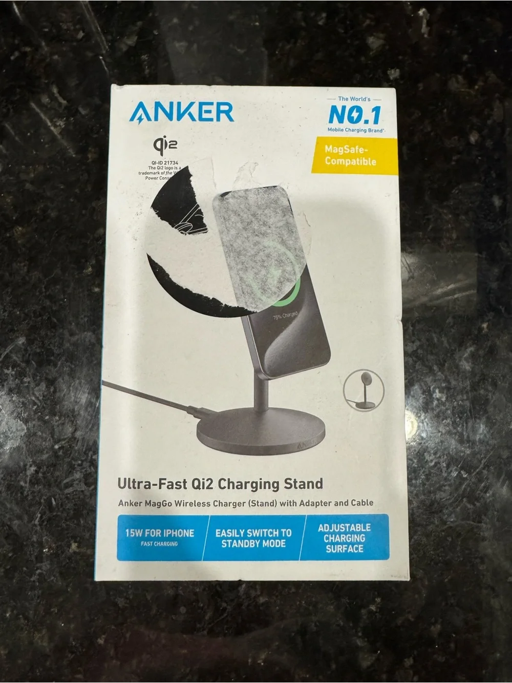 Anker Ultra-Fast Qi2 Charging Stand - Black and White Box